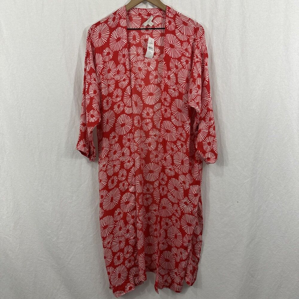 Loft Red White Firework Floral Open Kimono Top Womens Sz Xs/S Beach Summer Artsy